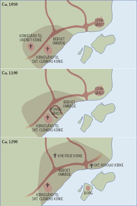 De tre udviklingsfaser der er nævnte i teksten. (Grafik SKALK) Fase 3, 1160-1220. Sidst i 1100-tallet og i begyndelsen af 1200-tallet er der stor aktivitet i Havn.