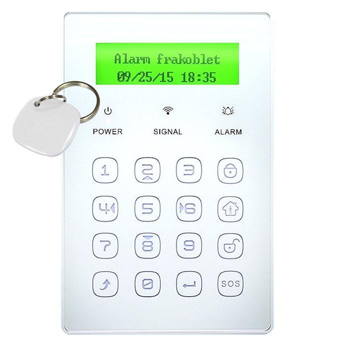 Tastatur med nøglebrik Beskrivelse: Touch keypad med LCD skærm og dansk menu. 2-vejs kommunikation, der sikrer at skærmen altid viser den aktuelle status fra alarmpanel. Inkl.