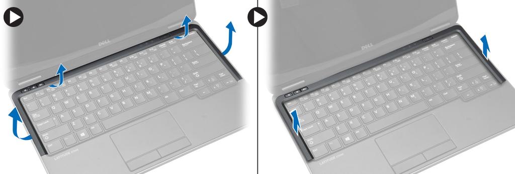 3. Brug en ridsekniv af plastik til løsne tastaturet fra computeren. Løft op for at fjerne tastaturrammen fra computeren. Sådan installeres tastaturrammen 1.