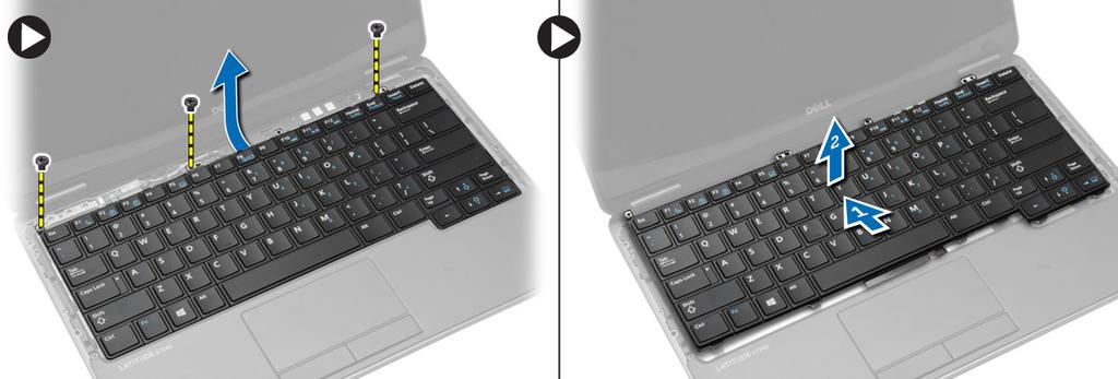 6. Udfør følgende trin som vist på illustrationen: a. Kobl tastaturets kabel fra computeren [1]. b. Løft tastaturet væk fra computeren [2]. Sådan installeres tastaturet 1.