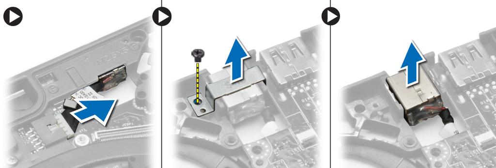 3. Frakobl strømstikkablet fra bundkortet, og fjern skruen der fastgør strømstikket til computeren. Fjern strømstikket fra computeren. Sådan installeres strømstikket 1. Sæt strømstikket i dets stik.