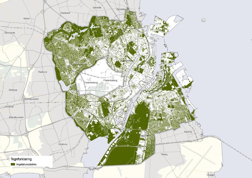 Figur 18: Kort over vegetationsdække i København Analysen viser, at ca. 47 % af København er dækket af vegetation.