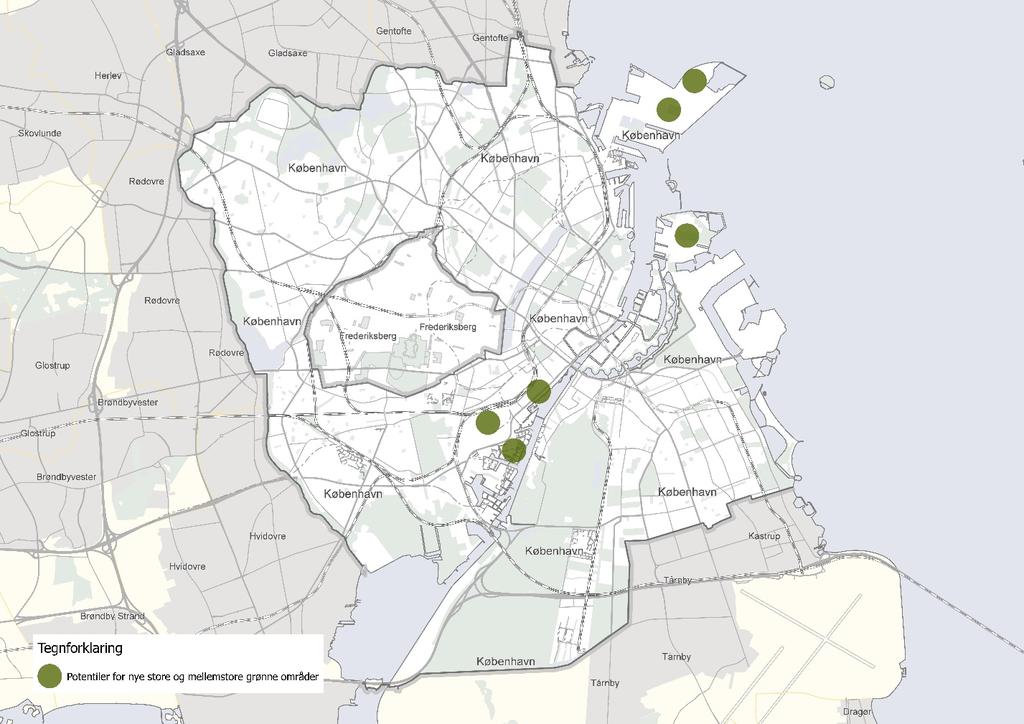 Figur 27: Potentielle nye store og mellemstore grønne områder Mulighederne for at etablere nye store og mellemstore grønne områder i København er begrænset.