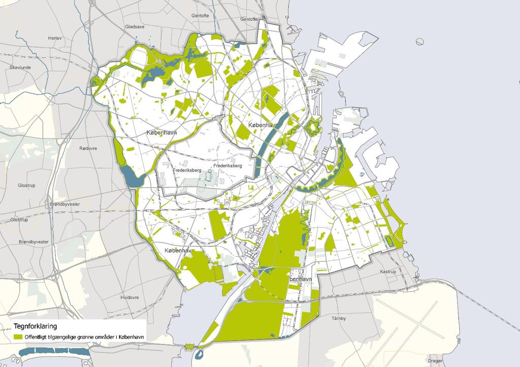 Figur29: Kort over offentligt tilgængelige grønne områder i København På ovenstående kort ses en oversigt over offentlige tilgængelige grønne områder i København jf. Kommuneplan 2015.