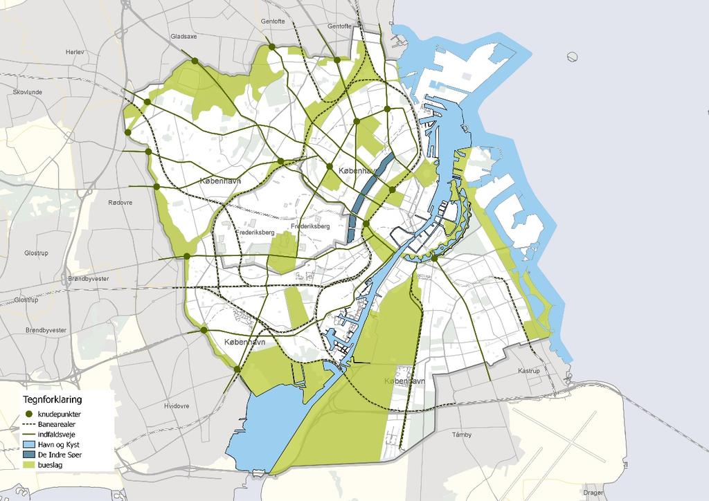 Figur 32: Københavns Hovedtræk Københavns Kommunes Arkitekturpolitik 2017-2025 indeholder en beskrivelse af Københavns Hovedtræk og 10 unikke bydele.
