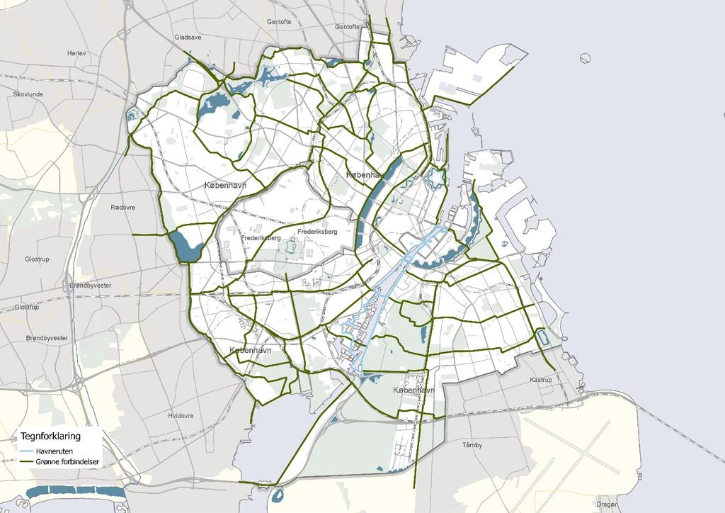 Figur 35: Forslag til grønne forbindelser der skal sammenbinde og forbedre adgangen til byens grønne og blå områder Københavns Kommune har et mål om, at 75 % af alle ture i København foregår i gang,