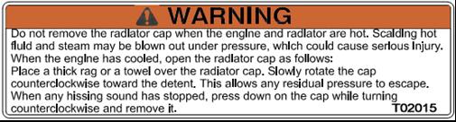 Mærkat nr. 8: Fjern ikke kølerdækslet når motor og køler er varme.