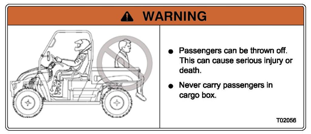 Mærkat nr. 14: Passagerer kan blive kastet af. Dette kan medføre alvorlig tilskadekomst eller død. Transporter aldrig passagerer på ladet. Mærkat nr.