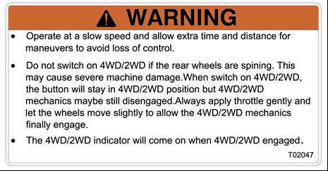 Mærkat nr. 16: Anvendes ved lav hastighed og regn med ekstra tid og afstand til manøvrering for at undgå tab af kontrol. Skift ikke mellem 4WD/2WD hvis baghjulene drejer rundt.