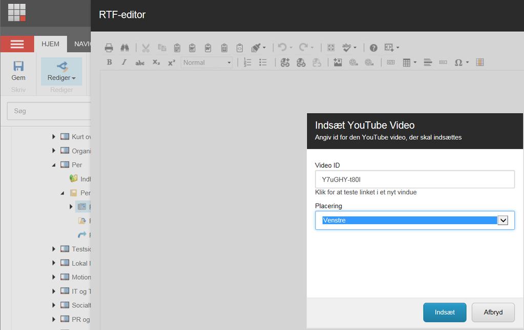 Indsæt YouTube kode i Video ID feltet. Vælg placering, klik Indsæt.