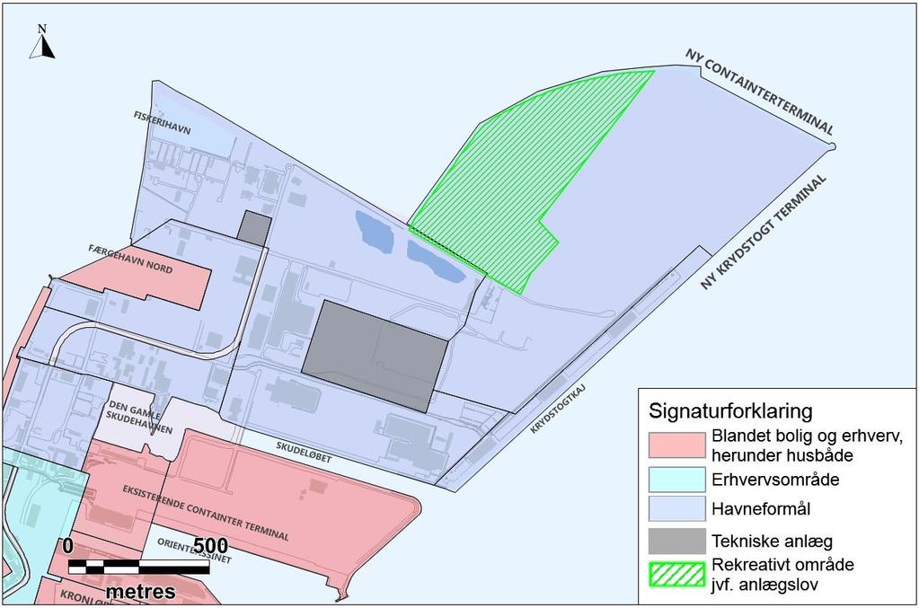 4.3. Kommune- og lokalplanforhold 4.3.1. Kommuneplan 2015 I Københavns Kommuneplan 2015 er Ydre Nordhavn udlagt til containerterminal og havneformål, se Figur 4.1. Nordhavn er i Kommuneplan 2015 udpeget som et af de aktuelle udviklingsområder i København.