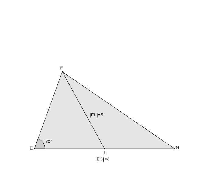 Opgave I en trekant EFG er E = 70 og EG = 8. Medianen fra F har længden 5, og dens fodpunkt betegnes med H. a) Bestem EFH. b) Bestem G.