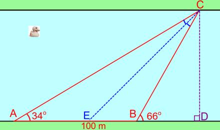 I trekant ABC skærer C s vinkelhalveringslinje linjestykket AB i punktet E, og man planlægger at anvende trekant BCE til kapsejlads i kano. b) Bestem omkredsen af trekant BCE.