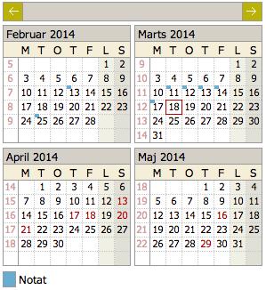 Kalender Under menuen i venstre side findes kalenderen. Kalenderen viser en måned tilbage, nuværende måned og to måneder frem. Kalenderen viser også hvilke dage et notat er oprettet.