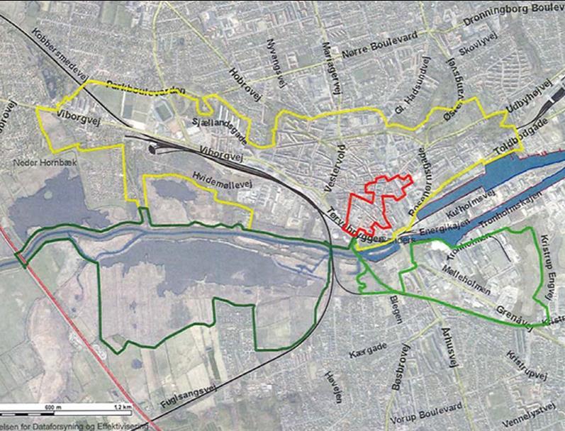 De korte bynære ruter, Stjerneruten (rød), Strømmen (lysegrøn), Pramdragerstien (mørkegrøn) og Parkbæltet (gul) kan med fordel sammentænkes til en kløversti med udgangspunkt ved Randers Regnskov.