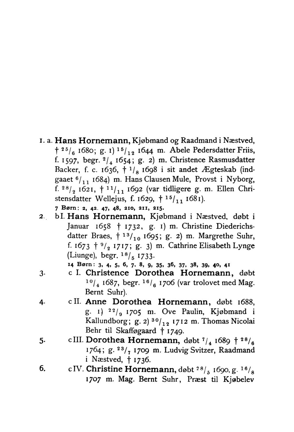 i. a. Hans Hornemann, Kjøbmand og Raadmand i Næstved, f 25/q 1680; g. i) 15/12 1644 m. Abele Pedersdatter Friis, f. 1597, begr. 2/4 1654; g. 2) m. Christence Rasmusdatter Backer, f. c.