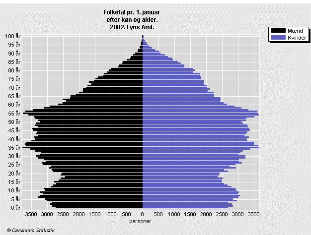 6 2002:6 Grafisk præsentation: Du kan nu vælge at få præsenteret dine tabeludtræk grafisk. Her er et eksempel på en befolkningspyramide over folketallet i Fyns Amt 2002.