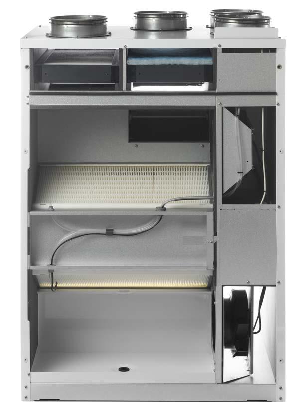 Den kolde udeluft opvarmes i varmeveksleren af den varme udsugningsluft. Comfort CT300 leveres som standard med pladefilter i udeluft og fraluft.
