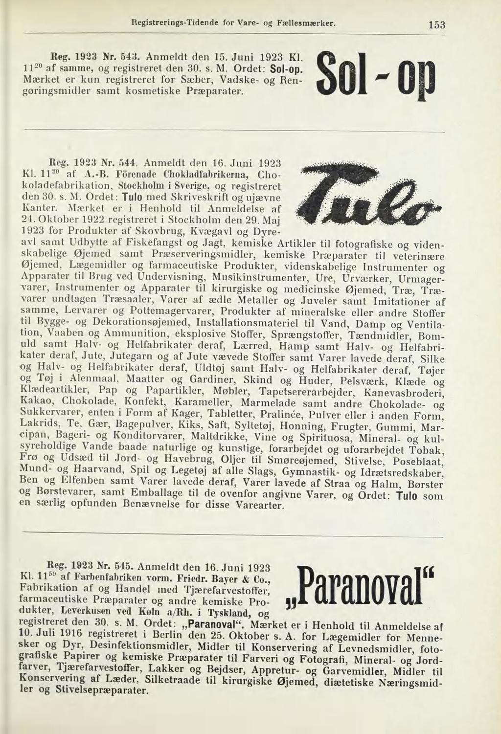 Registrerings-Tidende for Vare- og Fællesmærker. 153 Reg. 1923 Nr. 543. Anmeldt den 15, Juni 1923 Kl. Il 20 af samme, og registreret den 30. s. M. Ordet: Sol-op.