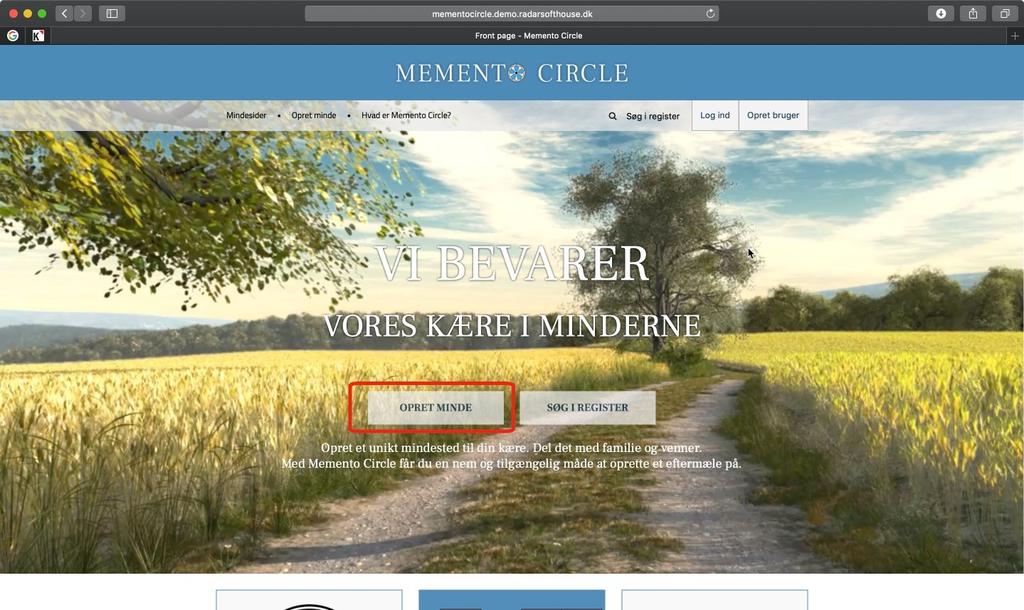 D. Klik på knappen Opret mindeside på Memento Circles forside.