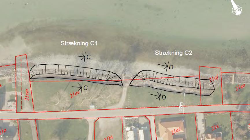 Oversigtsplan med angivelse af udlægning af ral på matrikel 21af og 21ev Strøby By. Se oversigtsplanen i fuld størrelse i vedlagte bilag F1_K24_104 Tværsnit for ral-fodringen.