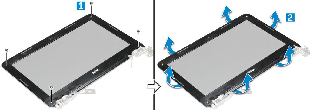 c batteri 3 Fjern hængslets hætte og Mylar-hætten, der fastgør skærmfacetten til skærmmodulet [1, 2]. 4 Fjern skruerne (M2.5x3.5), og lirk ved kanterne for at frigøre skærmfacetten fra skærmmodulet.