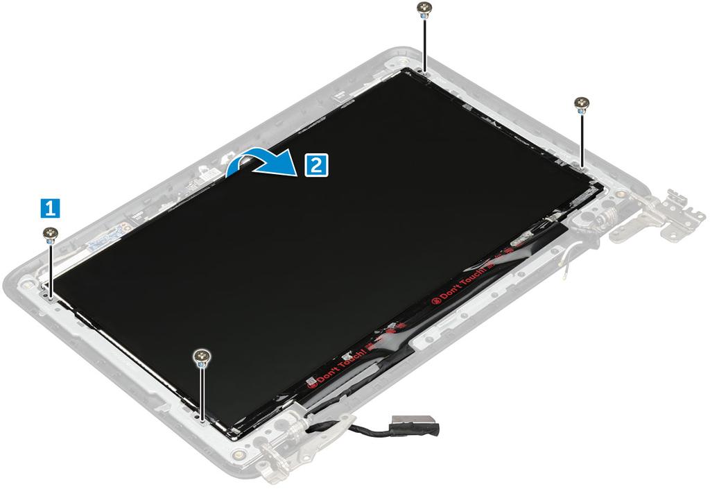 c d e batteri skærmmodul skærmfacet 3 Fjern skruerne (M2.0x3.0), der fastgør skærmpanelet til skærmmodulet [1].