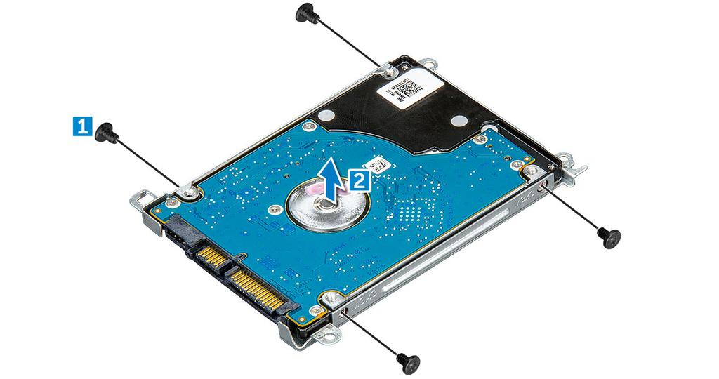 Installation af harddisk (HDD) 1 Spænd skruerne (M3xL3) for at fastgøre metalbeslaget til harddisken. 2 Tilslut harddiskens mellemlægskabel. 3 Indsæt harddisken i spalten på computeren.