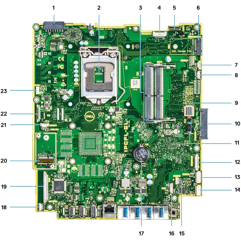 1. PSU-strømstik 2. Processor 3. Hukommelsesslots 4. Baggrundslysstik 5. Webcamstik 6. M.2 PCIe-/SATA-slot 7. Systemblæserstik 8. LPC_Debug 9.