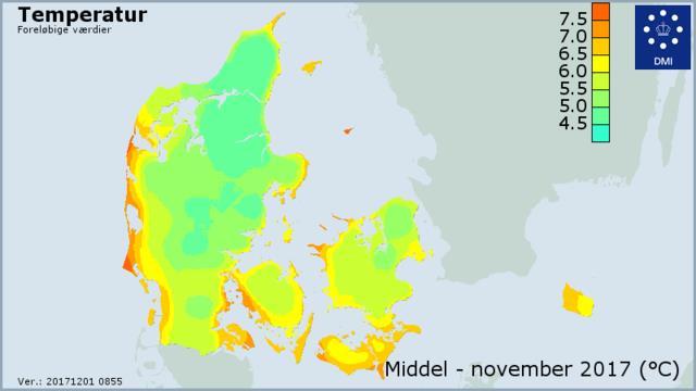 Vejret i Danmark - november 2017 Koldere, solrigere og nedbør nær gennemsnitlig ift. 2006-15. Mange døgn med nedbør. Første sne i efteråret den 20. Blæsevejr den 9-10.