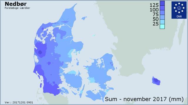 2006 2007 2008 2009 2010 2011 2012 2013 2014 2015 2016 2017 84 48 71 126 91 18 65 69 52 146 77 76 Region Bornholm fik mest nedbør med 110 millimeter i gennemsnit.