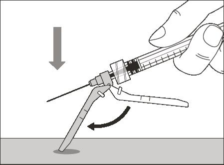 3. BORTSKAFFELSE Trin 14. Dæk nålen med sikkerhedsskjoldet Vip sikkerhedsskjoldet 90 frem, væk fra sprøjten, således at det dækker nålen.