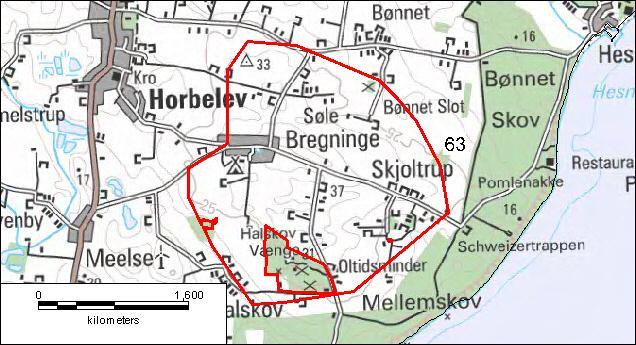 4. Undersøgelsesområdets beliggenhed og morfologi 4.1 Beliggenhed Undersøgelsesområdet er beliggende ved Bregninge, ca. 1,6 km sydøst for Horbelev, i Guldborgsund Kommune. Figur 4.1. Oversigtskort med indplacering af undersøgelsesområdet med rød stregfarve.