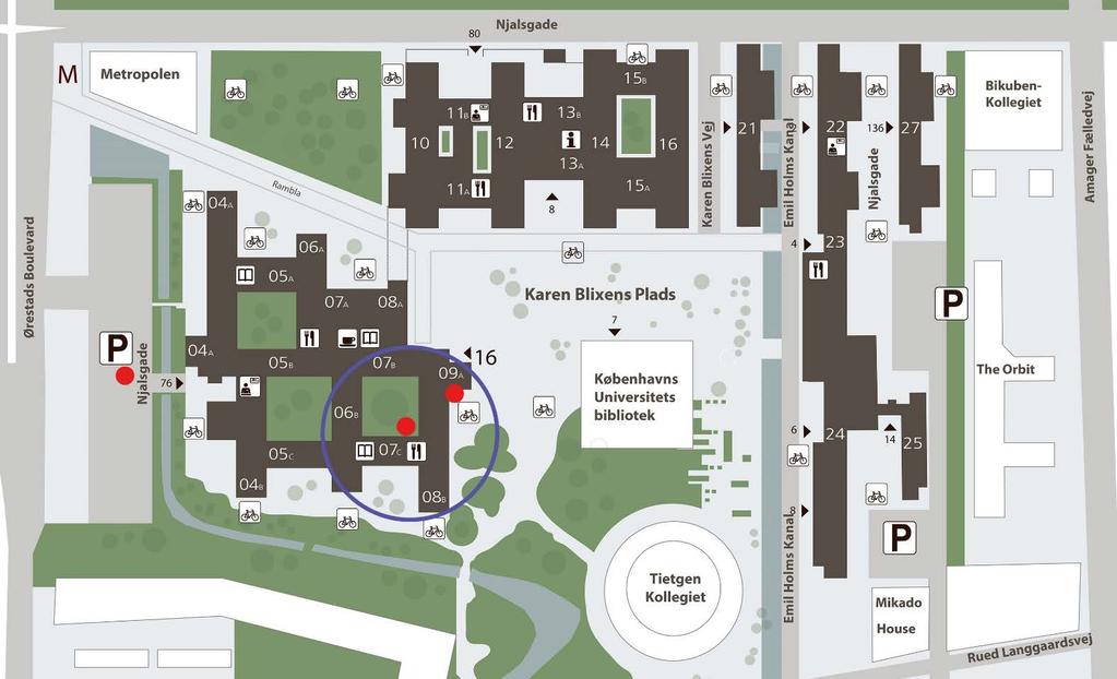 Kort over Søndre Campus (og hvor du skal møde op) Det Teologiske Fakultet er markeret med en cirkel.