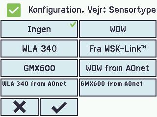 Vejr skal konfigureres i: Ingen (ingen konfigurering) WOW 1. Filterkonstant 2. Langsom filterkonstant 3. Brug RMS i filter 4. Gensendingstid Konfiguration af sensor WLA 1. Pulser/sek. pr. m/s 2.