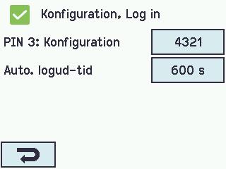 Log in kan konfigureres i: 1. PIN 3: Konfiguration 2. Auto.