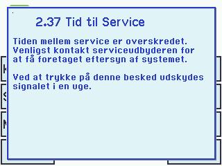 14.15.1 Service timer Intervallet mellem service konfigureres i: Ved Reset servicetimer, sættes sidste servicebesøgsdag til dags dato.