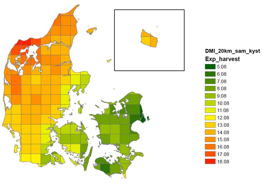 Modellering af normal høsttid i Danmark Den udviklede model for høsttid i vårbyg og vinterhvede er benyttet til at beregne høstdato for hver af årene i perioden 1999 til 2018, således at der kan