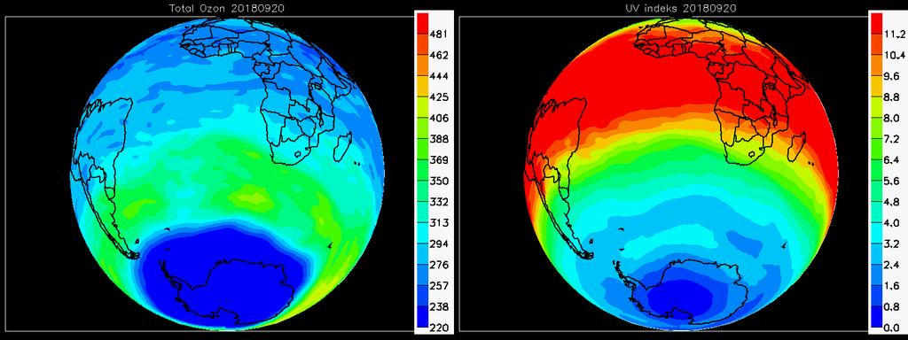 Fig. 4.4: Arealet af det Antarktiske ozonhul 2013-2018 Fig. 4.5: Ozonhullet ved maksimal størrelse i 2018 (tv mørkeblåt område) og det forventede maksimale UV-indeks samme dag (th) I figur 4.