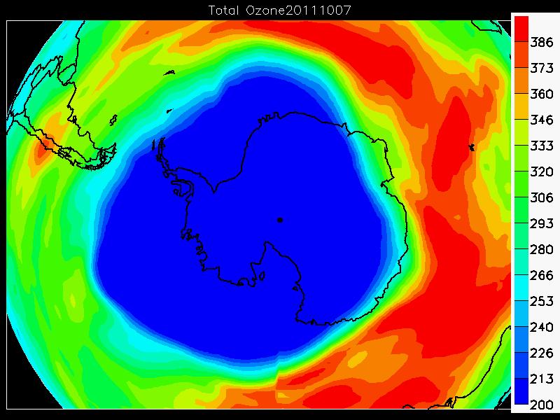 Figur F5. Ozonhullet over Antarktis den 7. oktober 2011. Data er fra Eumetsat s GOME-2 på MetOp-A satellitten.