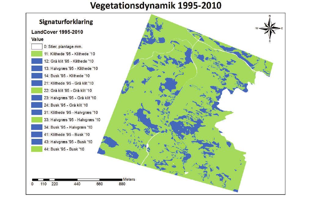 b) Kort over uændrede arealer (grønne - 81 %) og ændrede arealer (blå - 19 %).
