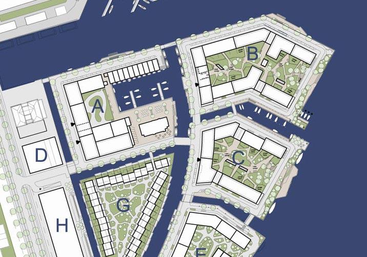 Den eksisterende Uniscrap-bygning ønskes udnyttet til f.eks. café/restaurant. KBH ROKLUB Gröning Arkitekter har udarbejdet bebyggelsesplanen med tre øer med åbne boligkarréer.