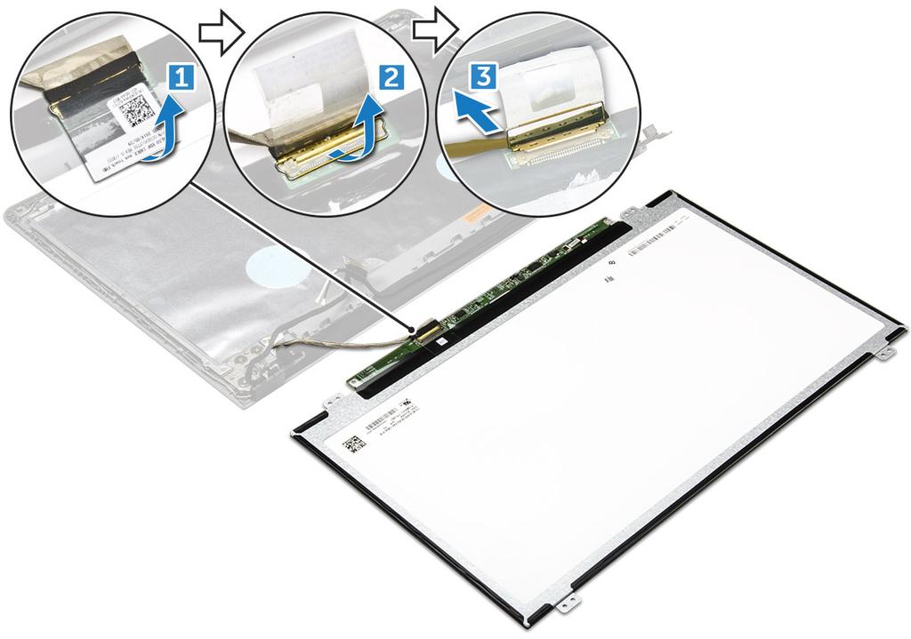 Installing the display panel 1. Connect the edp cable to the display panel. 2. Affix the tape to secure the display cable. 3. Place the display panel on the display assembly. 4. Tighten the M2.