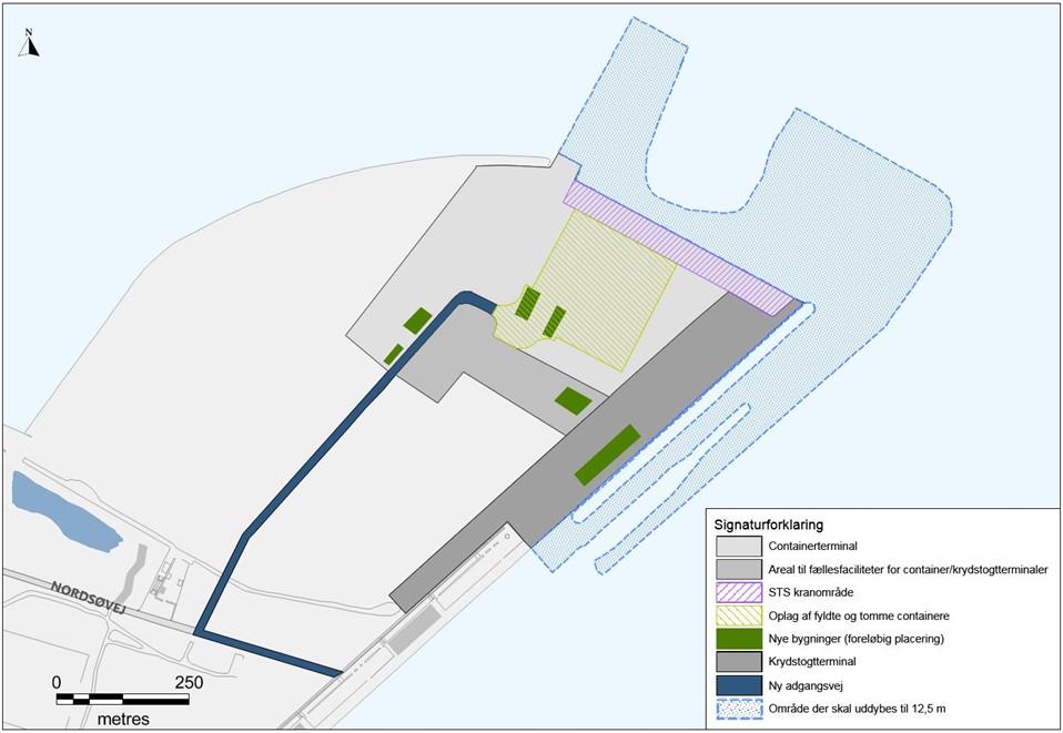 Figur 1: Skitsen viser lokalisering og overordnet indretning af containerterminal og krydstogtterminal nr.