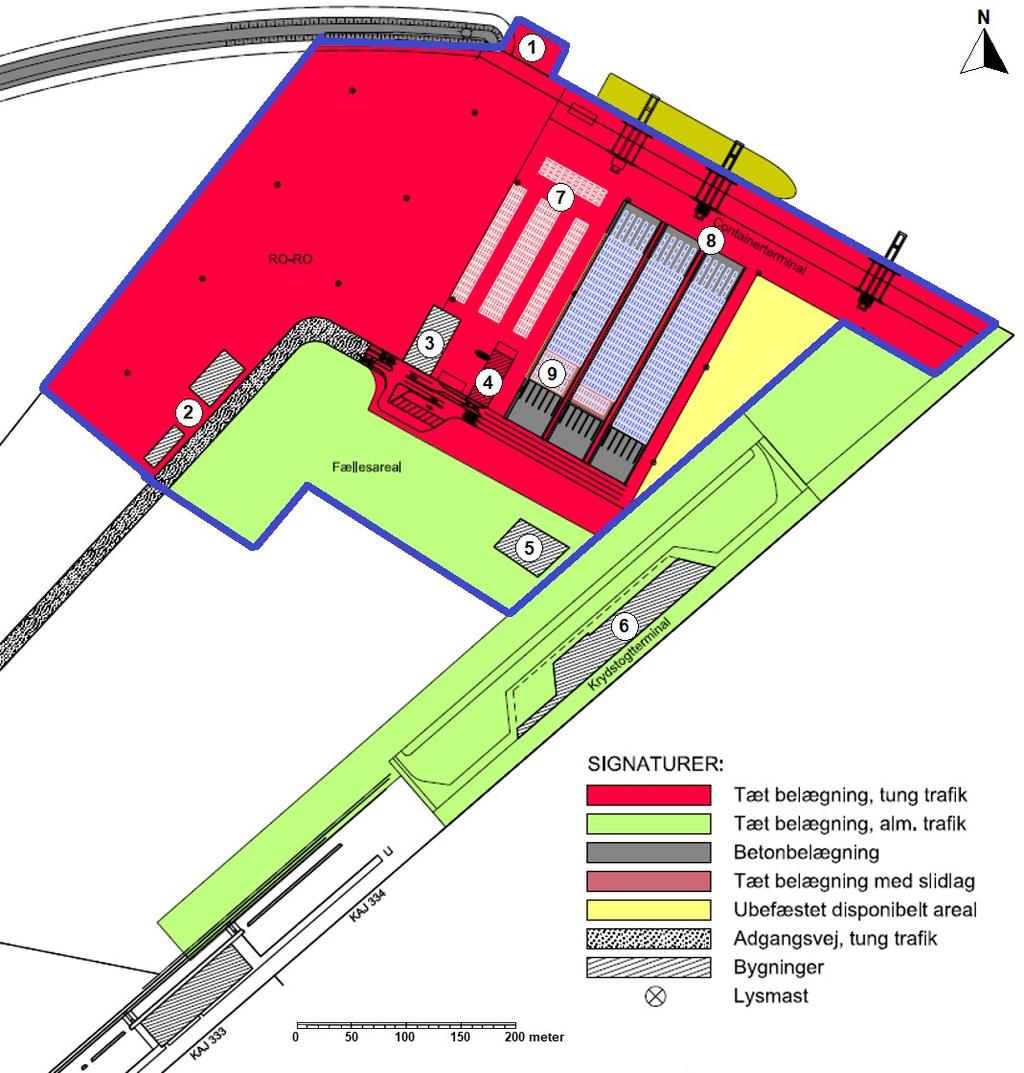 Figur D.3: Belægningsplan for container-, ro-ro- og ny krydstogtterminal i Ydre Nordhavn. Den blå linje markerer projektgrænsen for nærværende ansøgning.