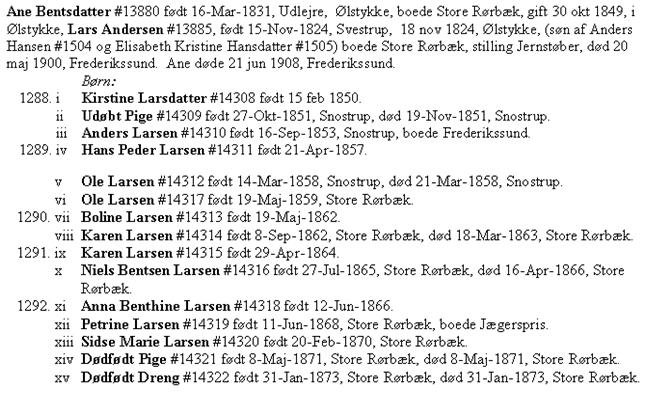 Udklip fra dokumentet 1577 Lars Madsen : I folketællingerne fra og med 1834 til og med 1845 opholdt Ane sig hos forældrene. KB Ølstykke (Frederiksborg) 1834-1860, 1849 op 76 nr.