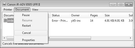 Dobbeltklik på printerikonet på computerskærmbilledet. 2. Vælg den fil, du vil annullere. 3. Klik på 1. Tryk på Status Monitor 4. Vælg [Cancel] (Annullér). 5.