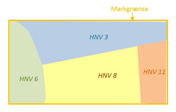 Figur 2: Mark med flere forskellige HNV. Den største værdi gælder for hele marken. Marken har altså en HNV på 11, hvis området med HNV 11 udgør mindst 1.