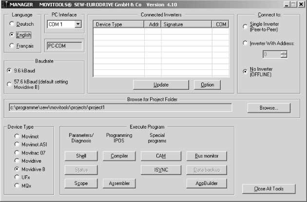 Idrifttagelse Idrifttagelse med pc og MOVITOOLS I 0 5 5.4 Idrifttagelse med PC og MOVITOOLS Generelt Til idrifttagelsen med PC kræves softwaren MOVITOOLS fra version 4.20.
