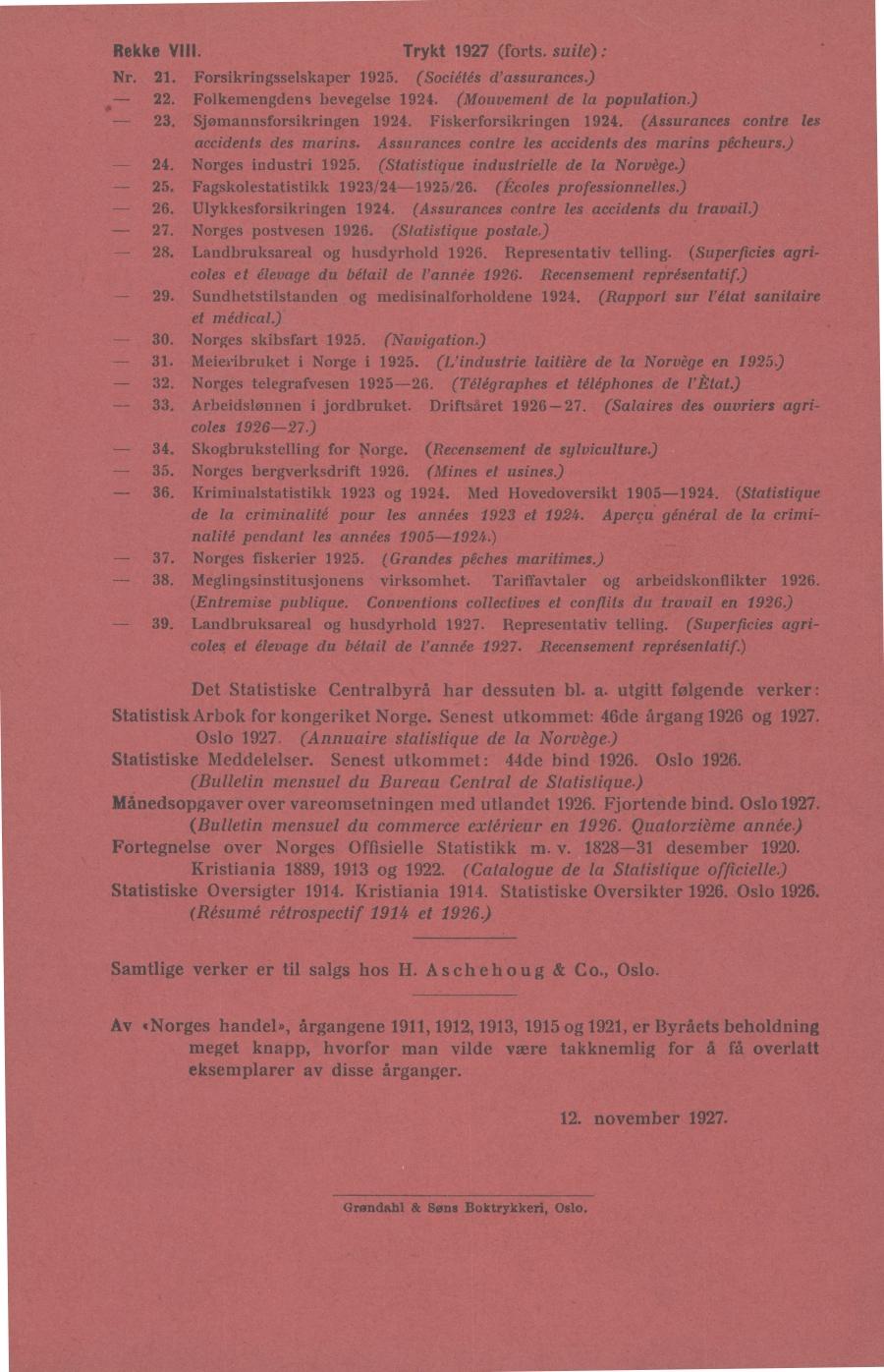 Rekke VIII. Trykt 1927 (forts. suite): Nr. 21. Forsikringsselskaper 1925. (Sociétés d'assurances.) 22. Folkemengdens bevegelse 1924. (Mouvement de la population.) 23. Sjømannsforsikringen 1924.
